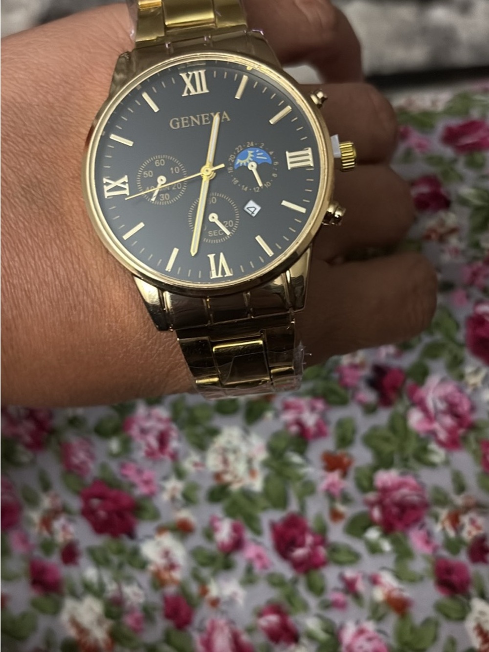 Geneva Gold tone and Black Classic Dress Watch with Moonphase Accent